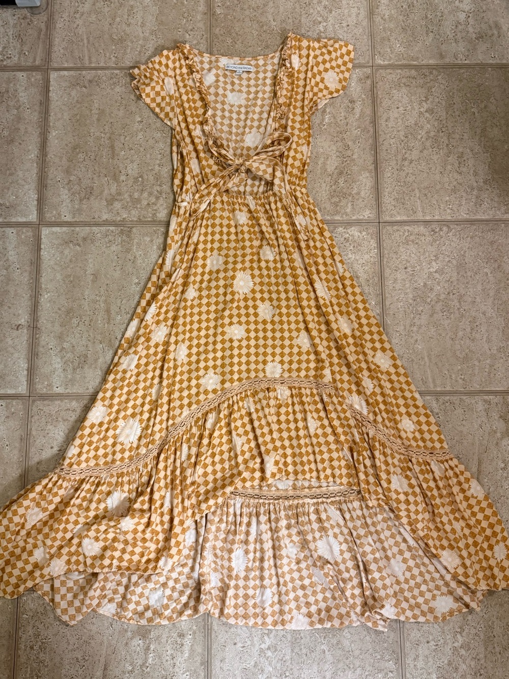 Mustard Yellow Floral-Check High Low Dress by Beyond the Radar